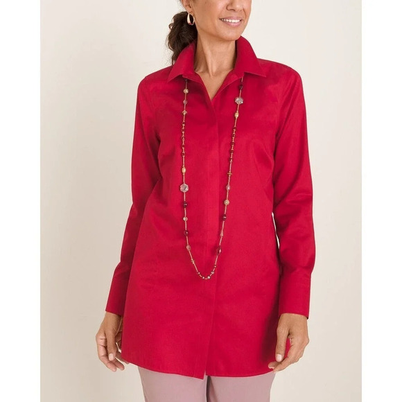 Chico's Women's Button-Up Tunic Top Size L Red 100% Cotton Long Sleeves Collared - Picture 1 of 14